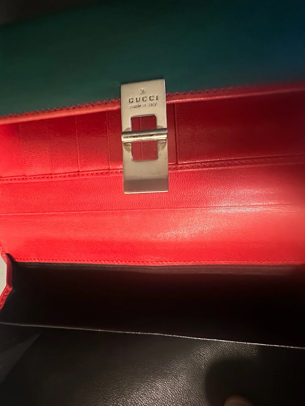 Gucci Green and Black Leather Clutch with Red Trim